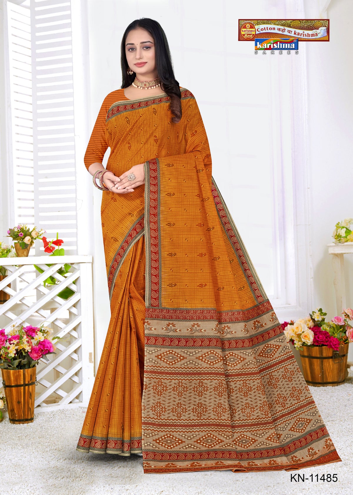 Mustard Pure Cotton Mulmul (Stiff) Saree With Geomatiric MOtif Desigen