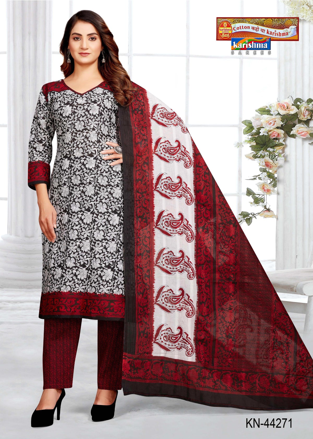 White And Maroon Pure Cotton Unstiched Dress Material With Modern Design