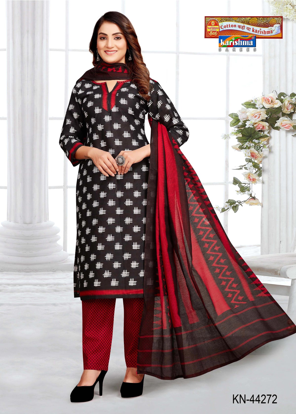 Black And Maroon Pure Cotton Unstiched Dress Material With Modern Design