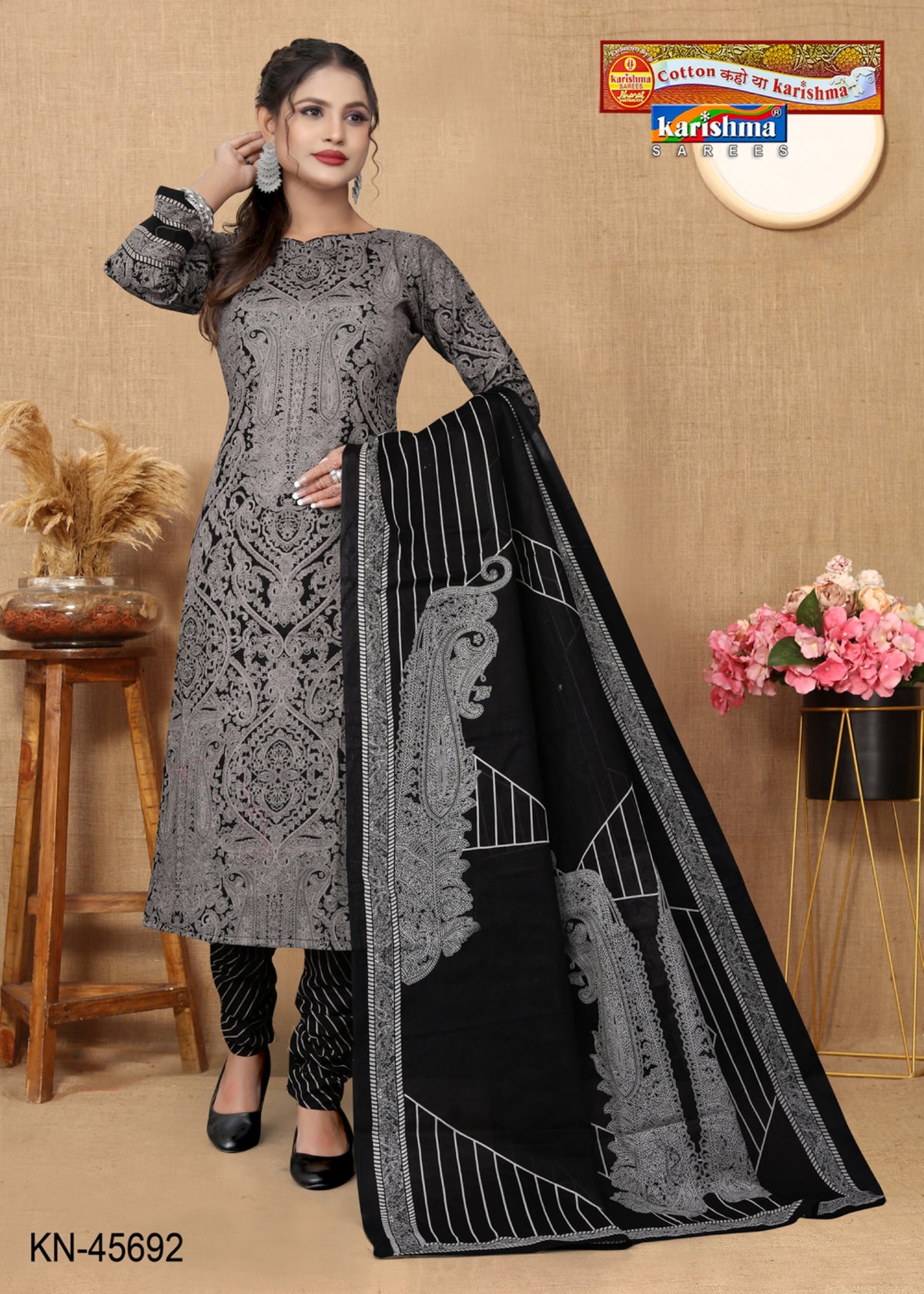 Black & White Traditional Hand Block Printed Desigen Pure Mulmul Cotton Unstitched Dress Material Set