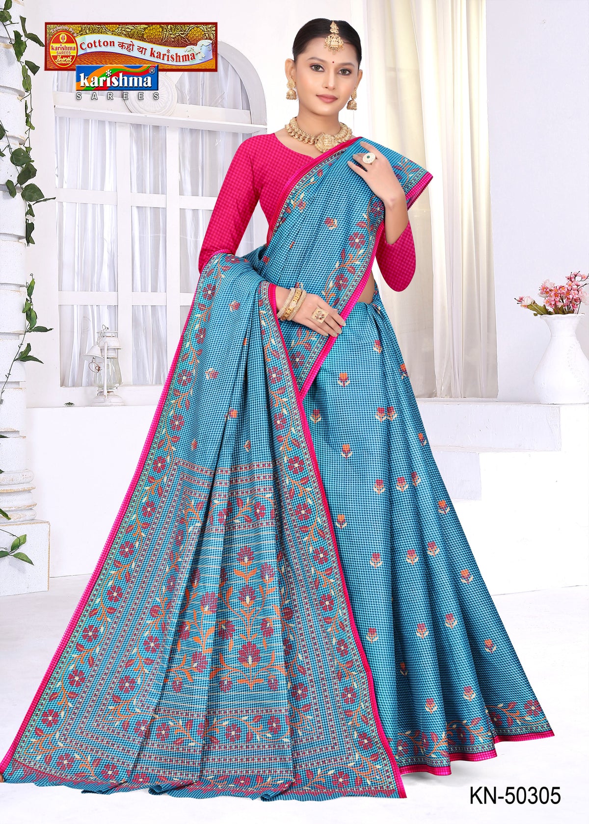 Check Floral Stripe Mulmul Saree