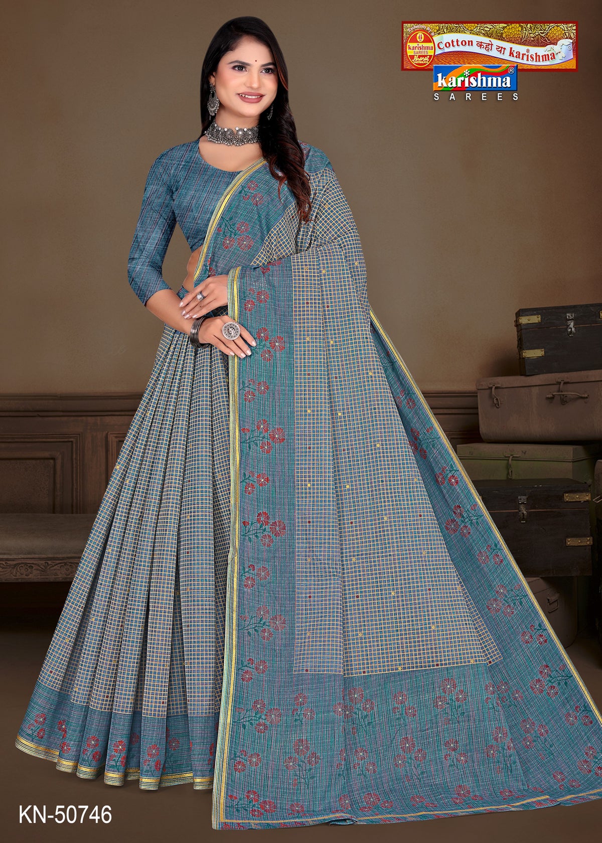 Floral Check Pallu Mulmul Saree