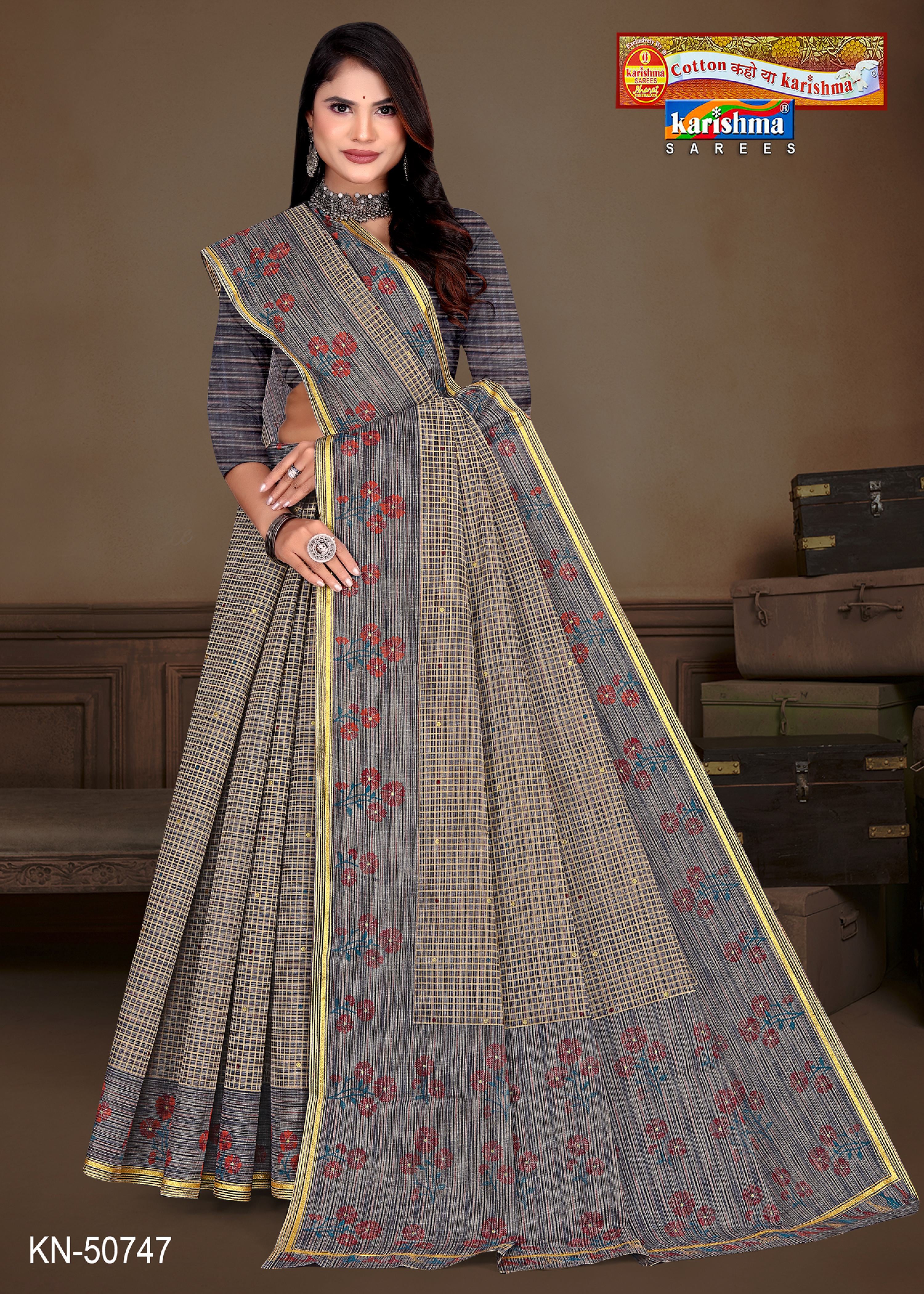 Floral Check Stripe Mulmul Saree