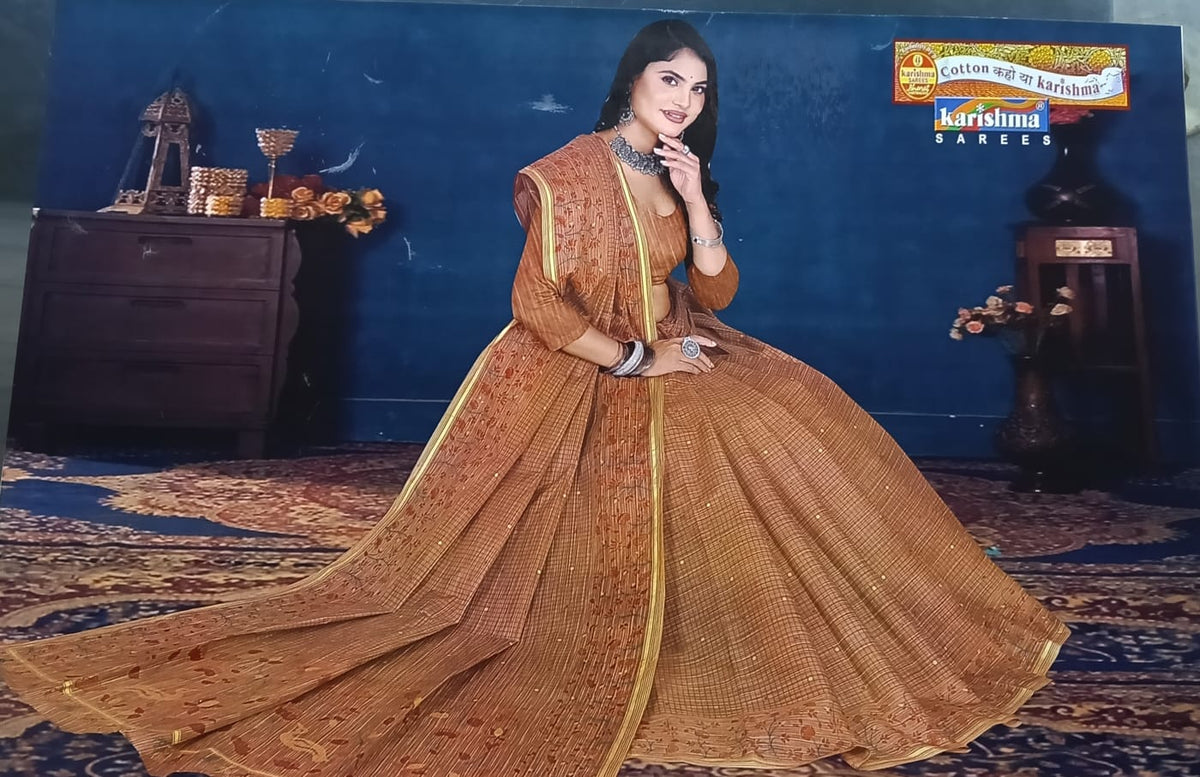 Check Floral Panel Mulmul Saree