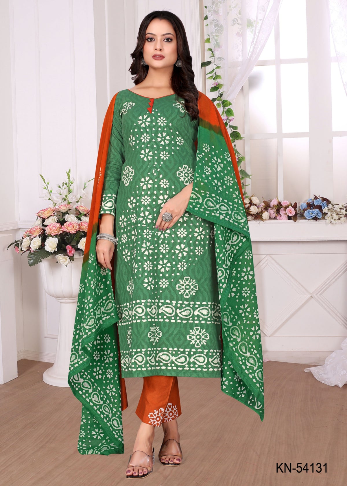 Green And Orange Pure Cotton Unstiched Dress Material With Traditional Batik Design