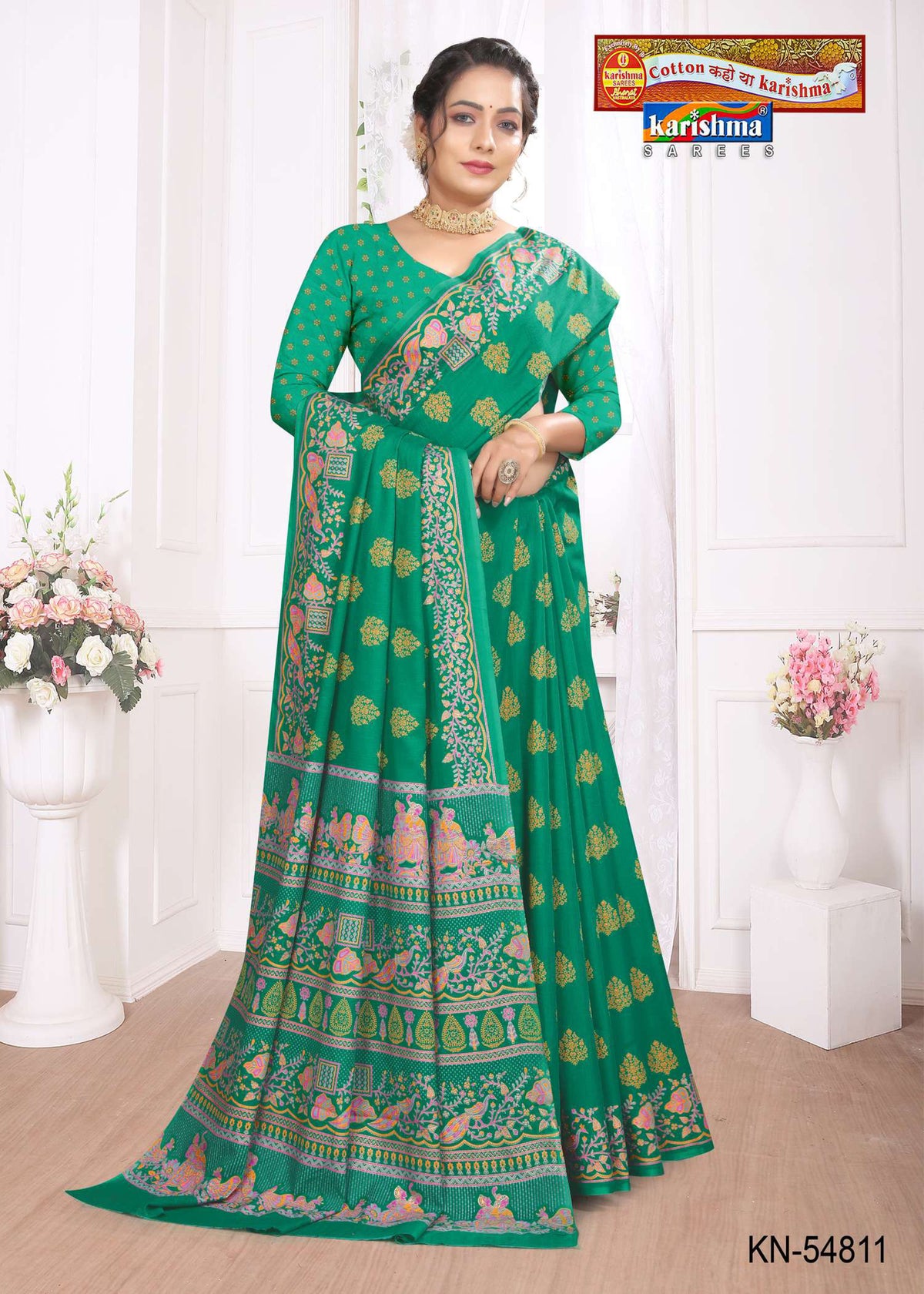 Green Pure Cotton Herringbone (Soft) Saree With Figure And Elephant At The Border