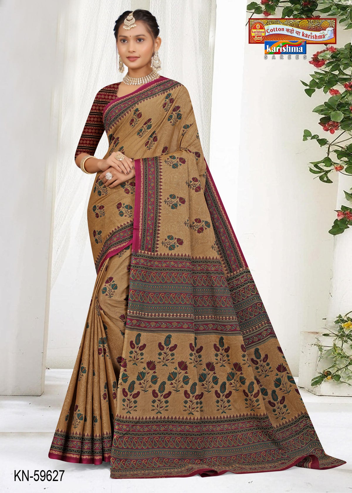 Beige And Purple Pure Cotton Muslin (Soft) Saree With Floral Print And Temple Floral Border