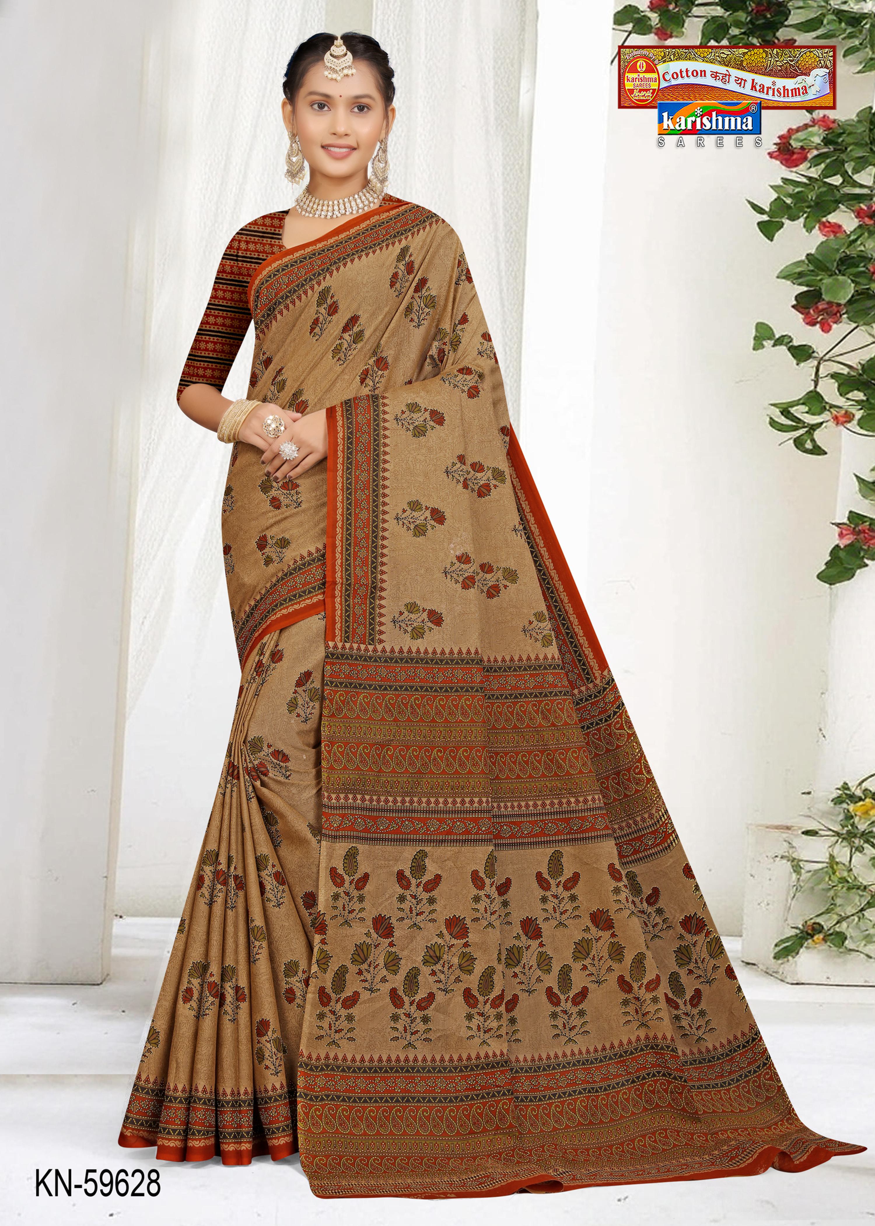 Beige And Orange Pure Cotton Muslin (Soft) Saree With Floral Print And Temple Floral Border