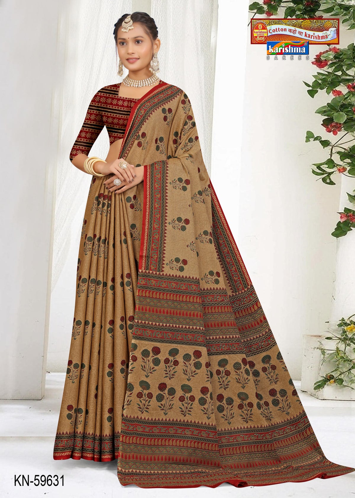 Beige And Red Pure Cotton Muslin (Soft) Saree With Floral Print And Temple Floral Border