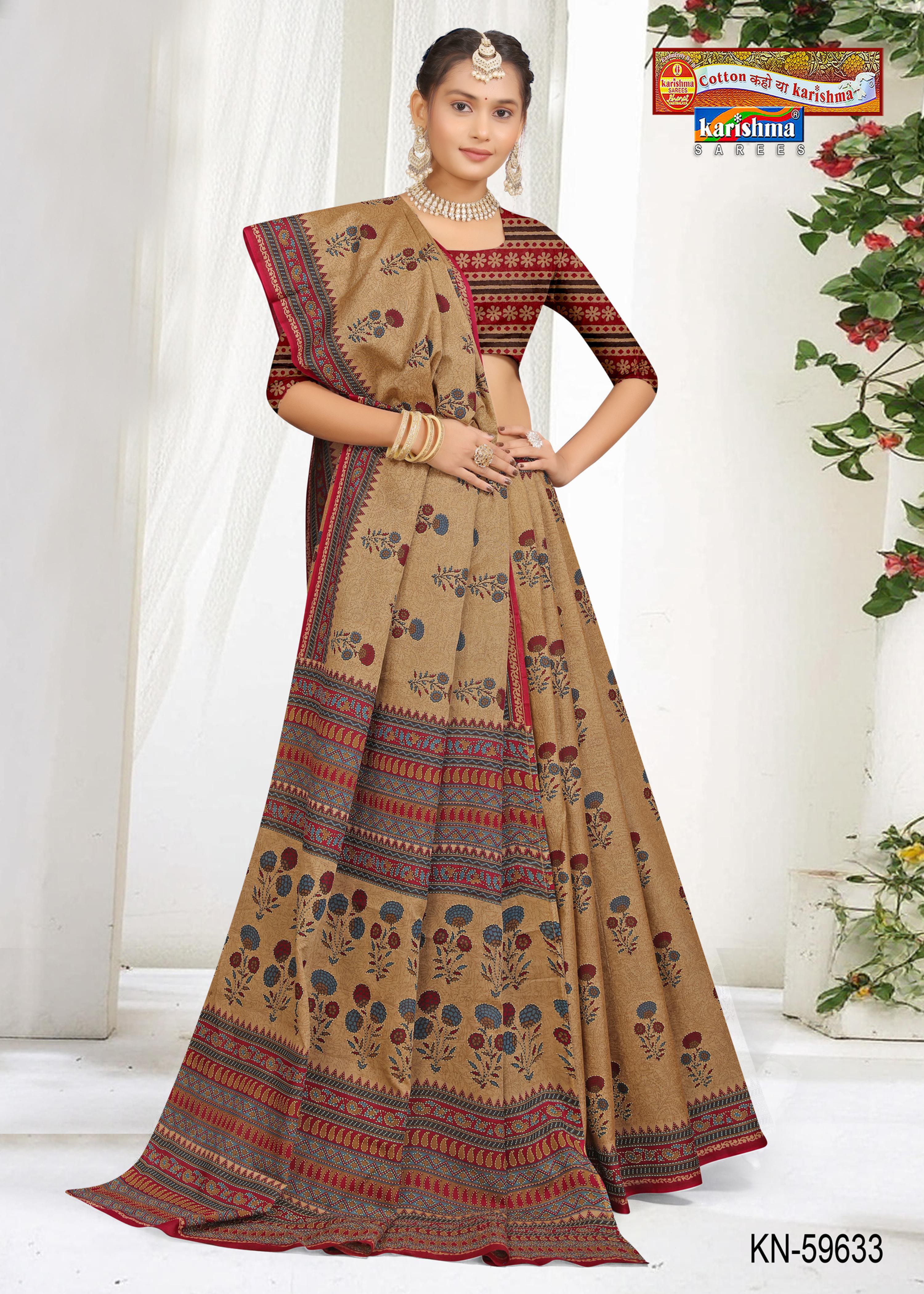 Beige And Burgundy Pure Cotton Muslin (Soft) Saree With Floral Print And Temple Floral Border