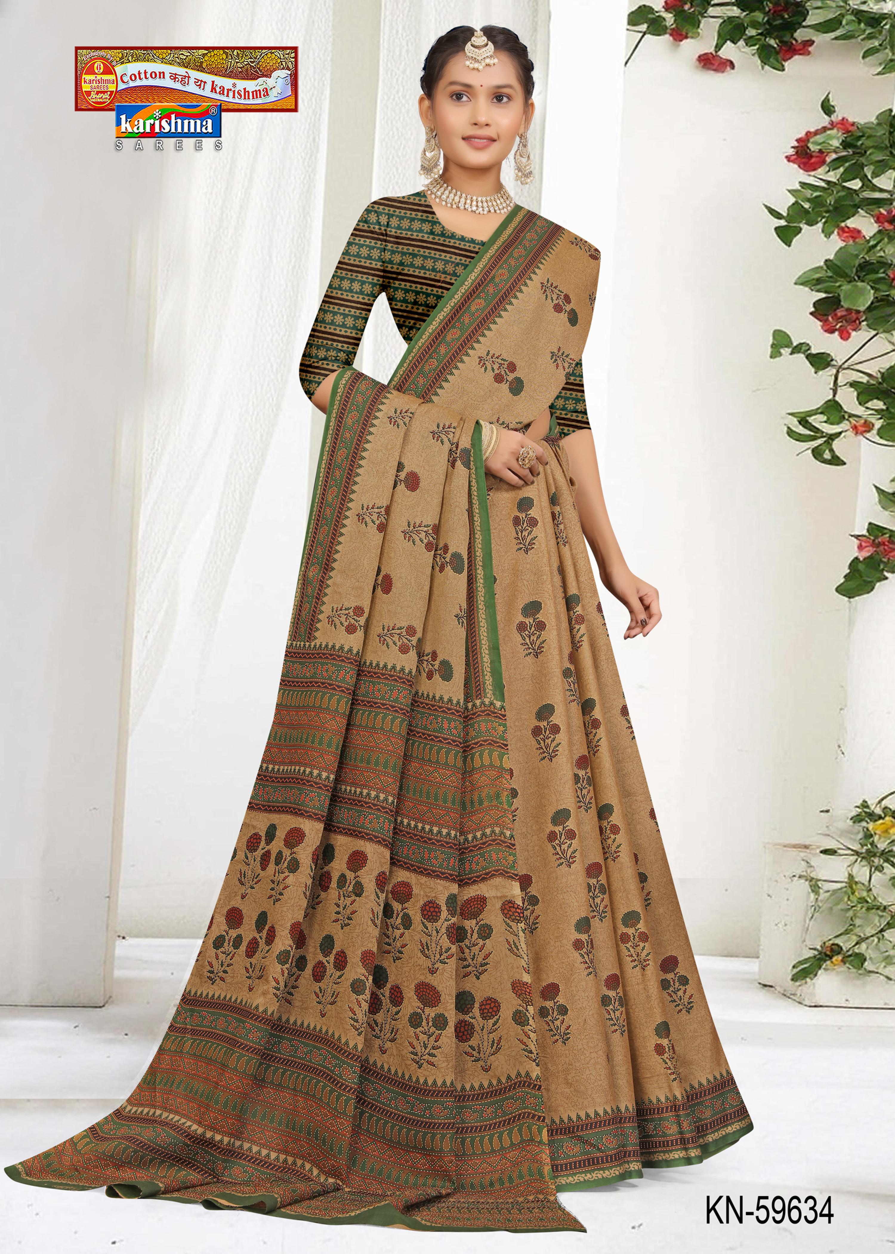 Beige And Olive Pure Cotton Muslin (Soft) Saree With Floral Print And Temple Floral Border