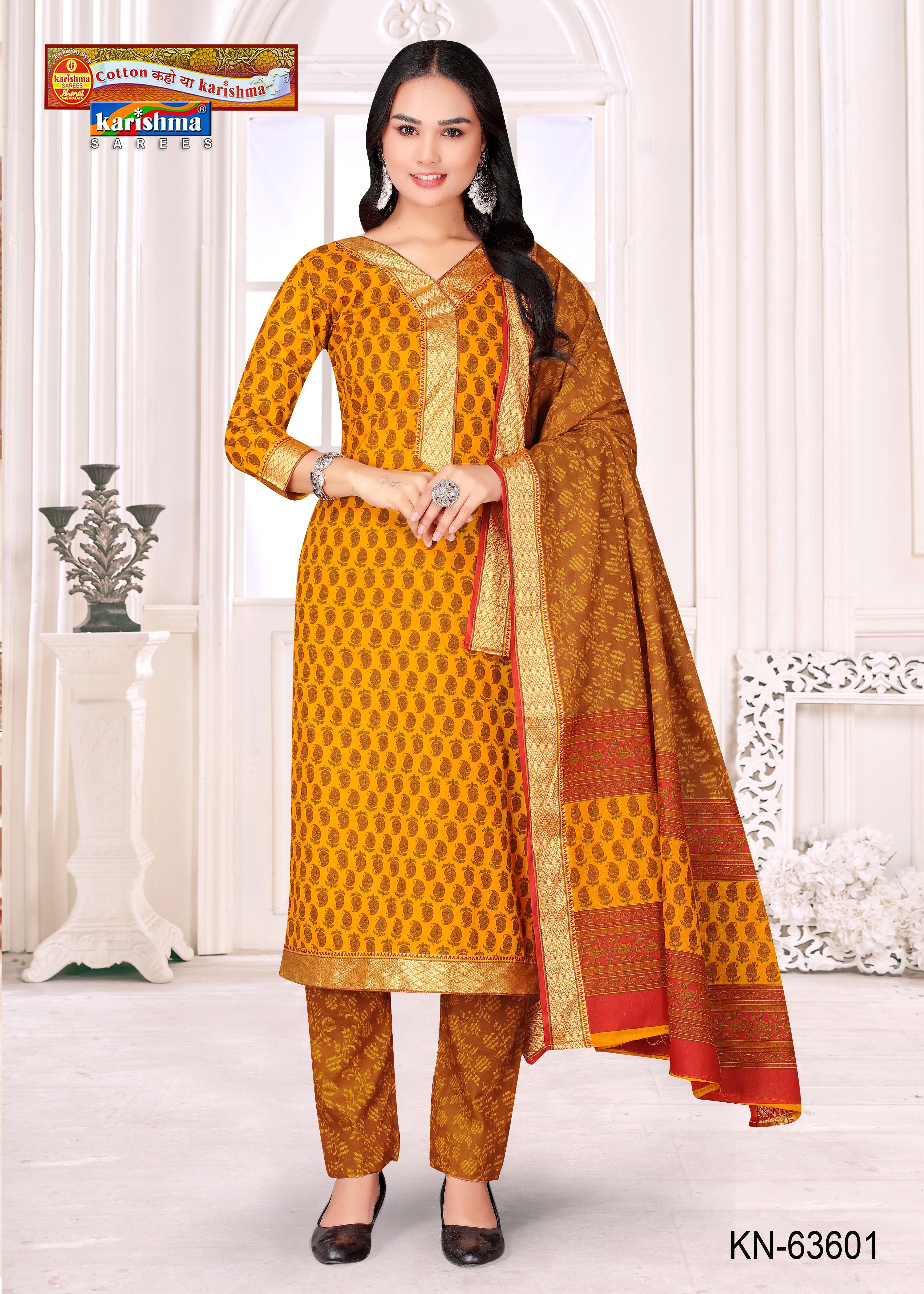 Mustered Pure Cotton Unstitched Dress Material With Traditional Print And Beautiful Golden Border