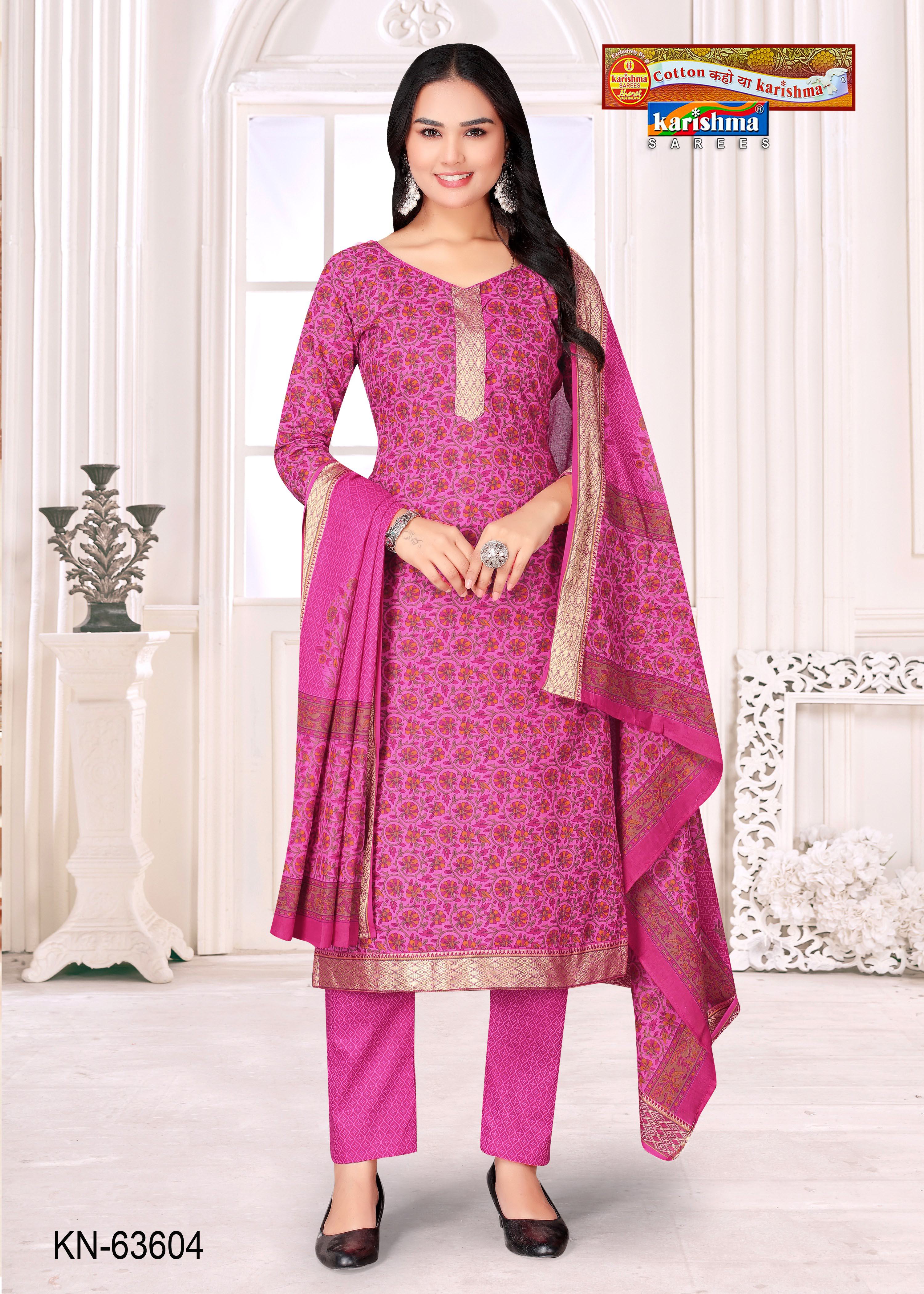 Buy Pink Pure Cotton Unstitched Dress Material With Traditional Print And Beautiful Golden Border – Shop Karishma