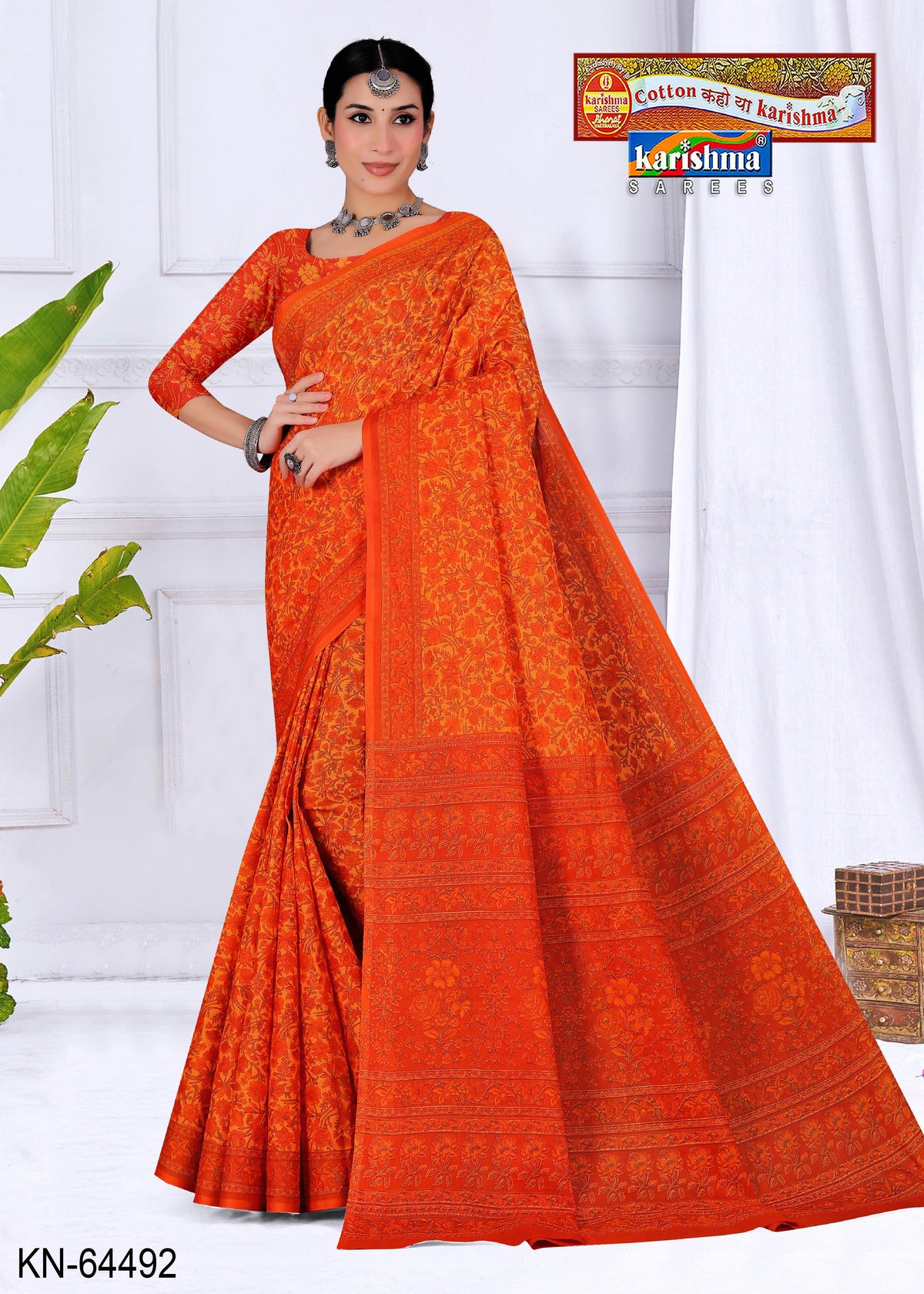 Orange Pure Coton Mulmul (Soft) Saree With Floral Design and Simple Border