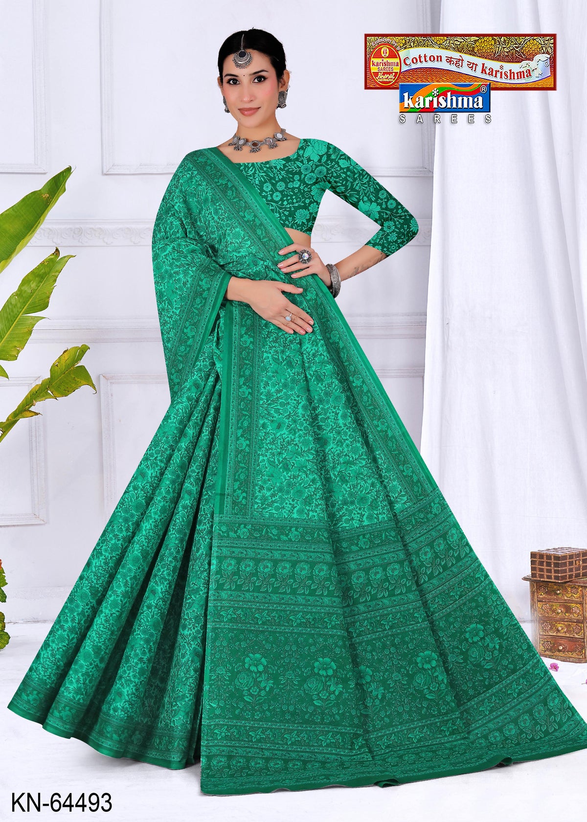 Teal Pure Coton Mulmul (Soft) Saree With Floral Design and Simple Border