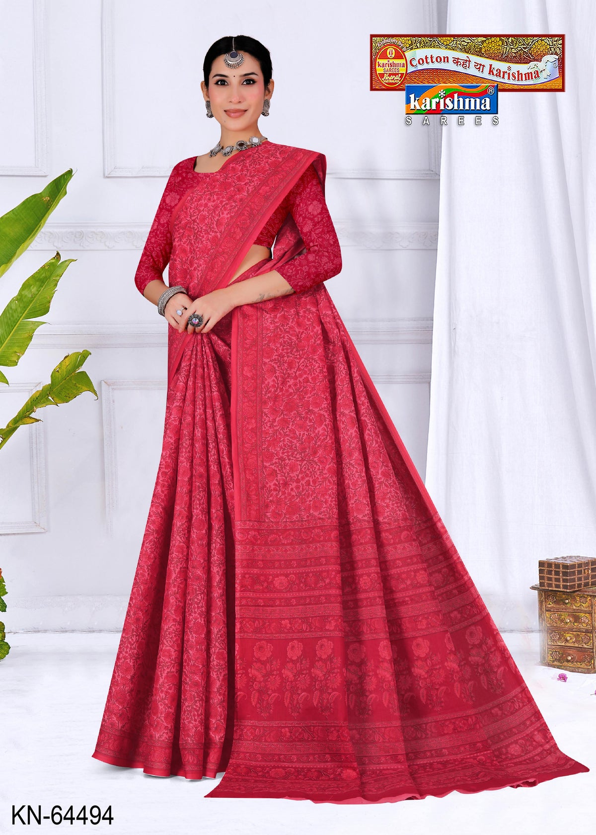 Red Pure Coton Mulmul (Soft) Saree With Floral Design and Simple Border