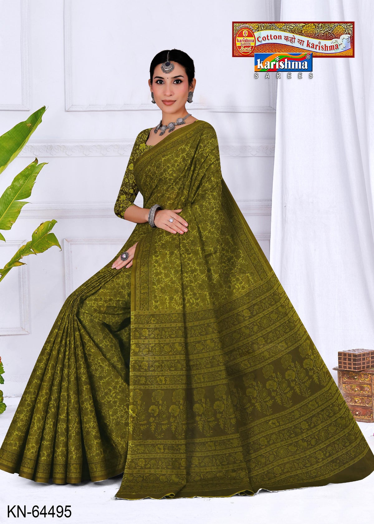 Olive Pure Coton Mulmul (Soft) Saree With Floral Design and Simple Border