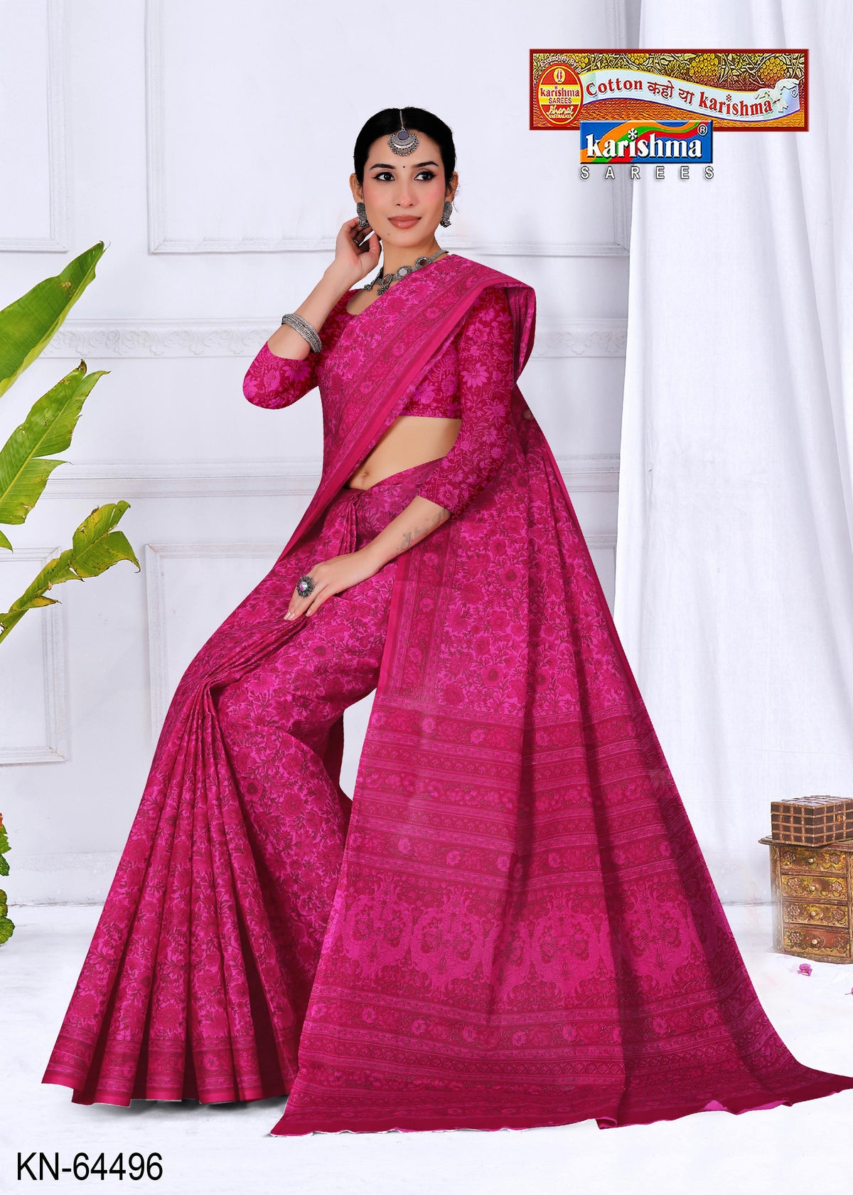 Pink Pure Coton Mulmul (Soft) Saree With Floral Design and Simple Border
