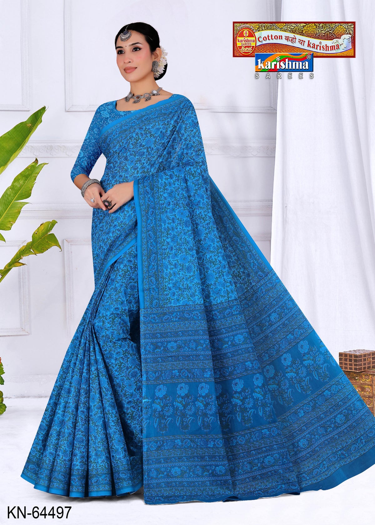 Blue Pure Coton Mulmul (Soft) Saree With Floral Design and Simple Border