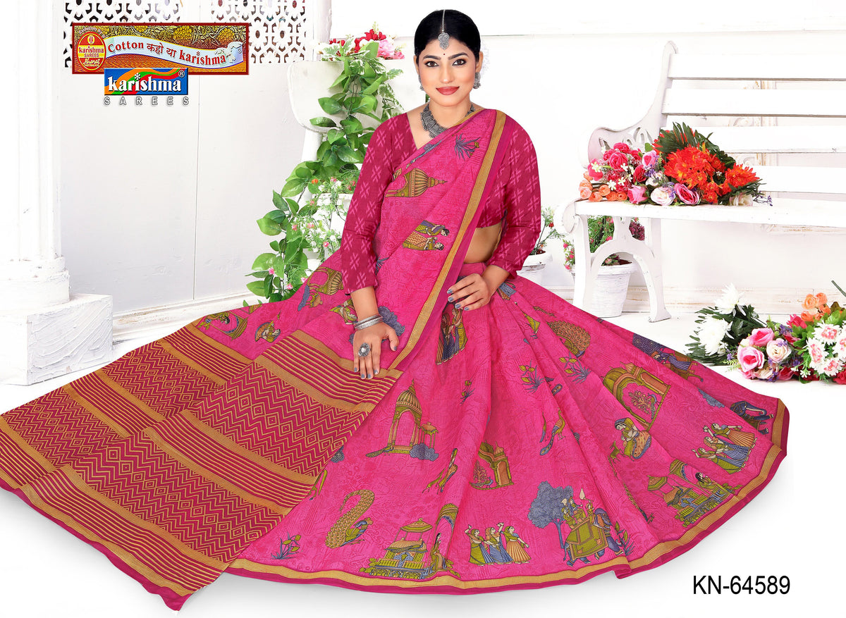 Folk Figure Chevron Mulmul Saree