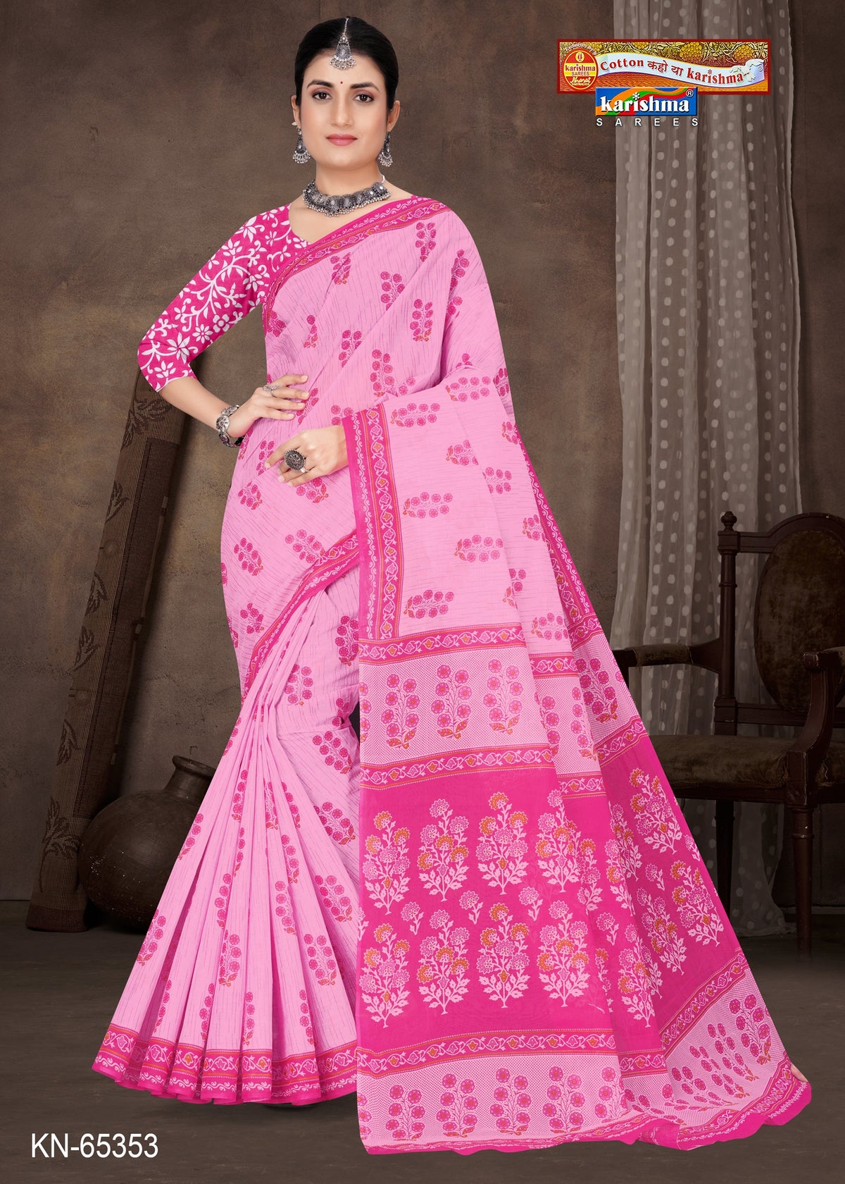 Pink Pure Cotton Mulmul (Medium Soft) Saree With Flower Print And Small Butti On Border