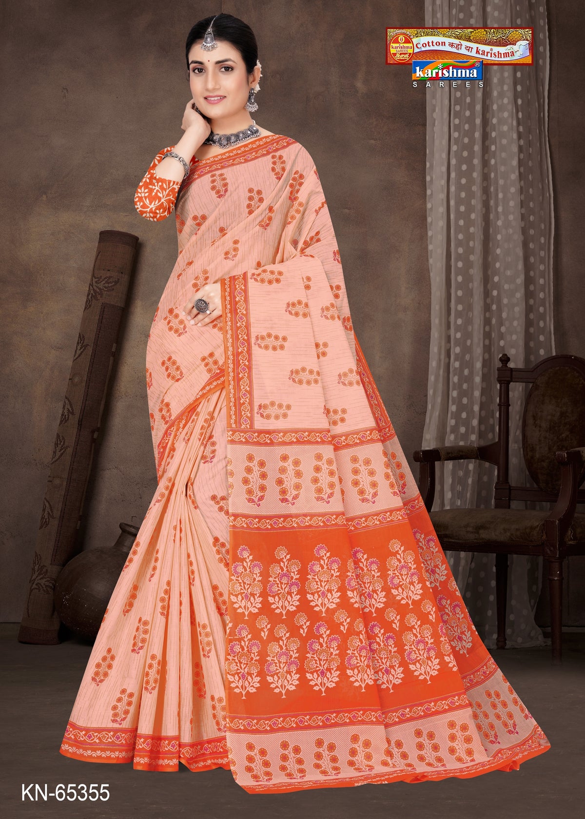 Orange Pure Cotton Mulmul (Medium Soft) Saree With Flower Print And Small Butti On Border