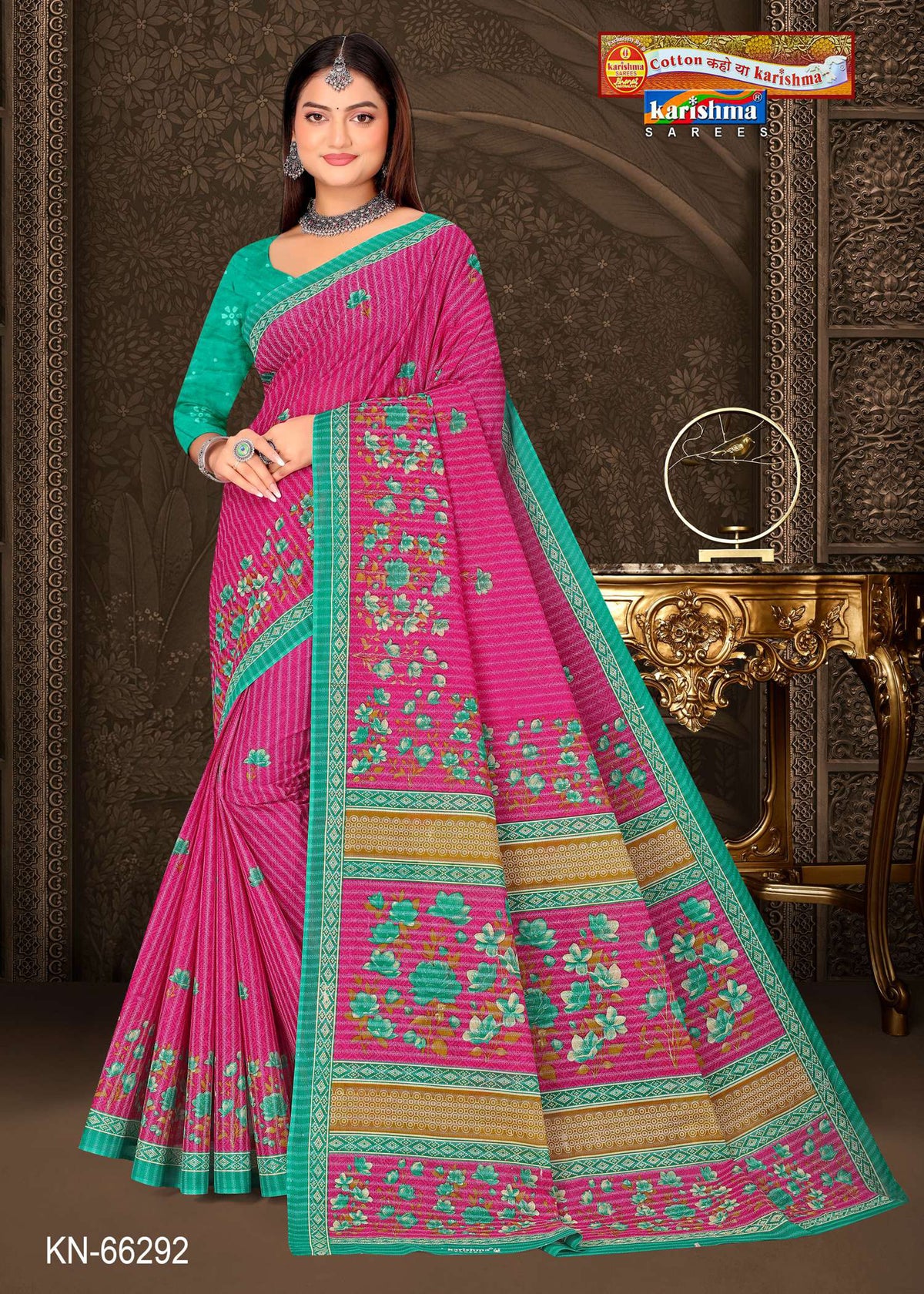 Pink Pure Cotton Mulmul (Stiff) Saree With Floral Print And Small Border.