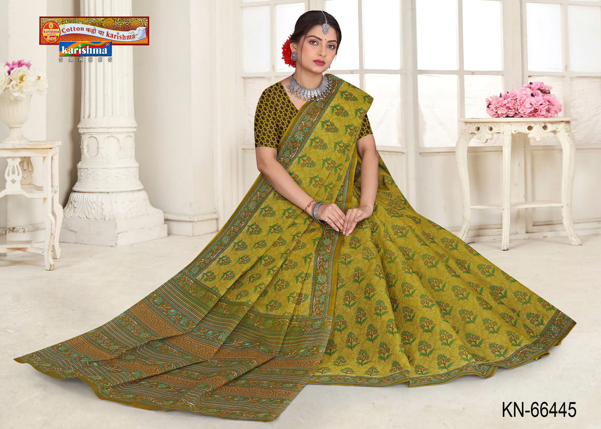 Olive Pure Coton Mulmul (Stiff) Saree With Floral Print Beautiful Border