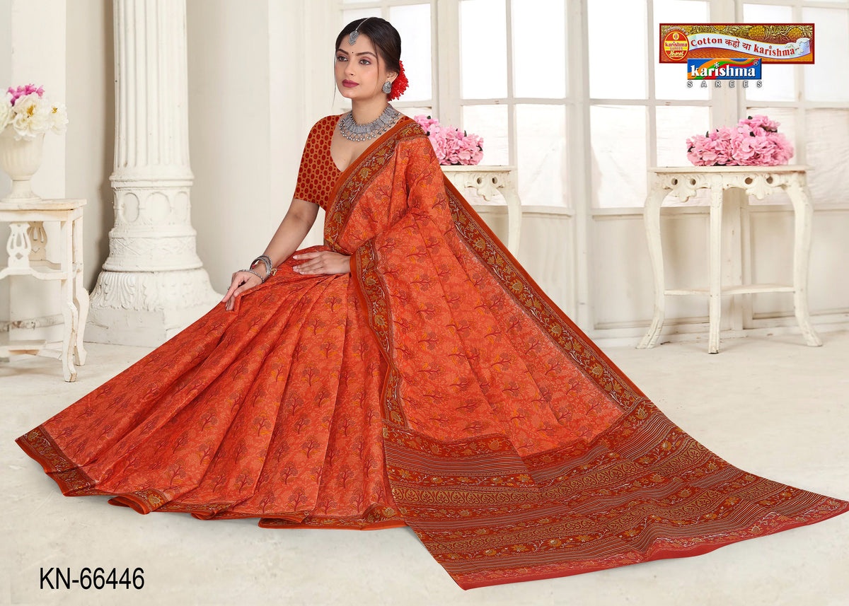 Orange Pure Coton Mulmul (Stiff) Saree With Floral Print Beautiful Border
