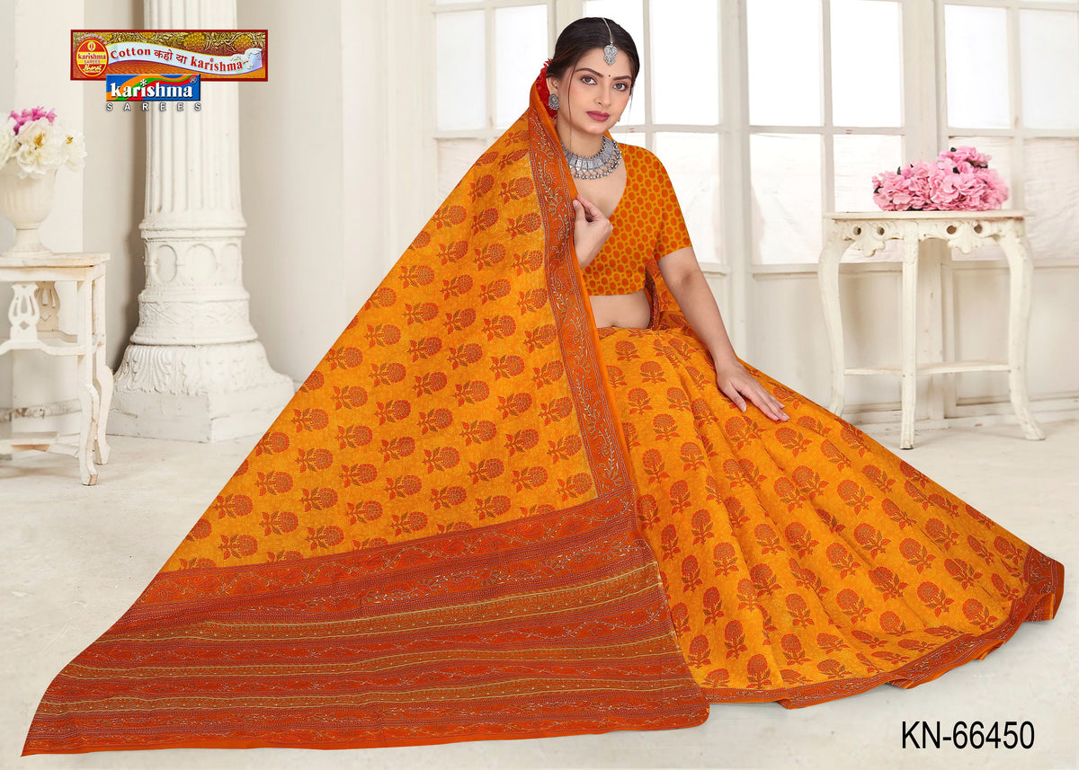 Yellow Pure Coton Mulmul (Stiff) Saree With Floral Print Beautiful Border