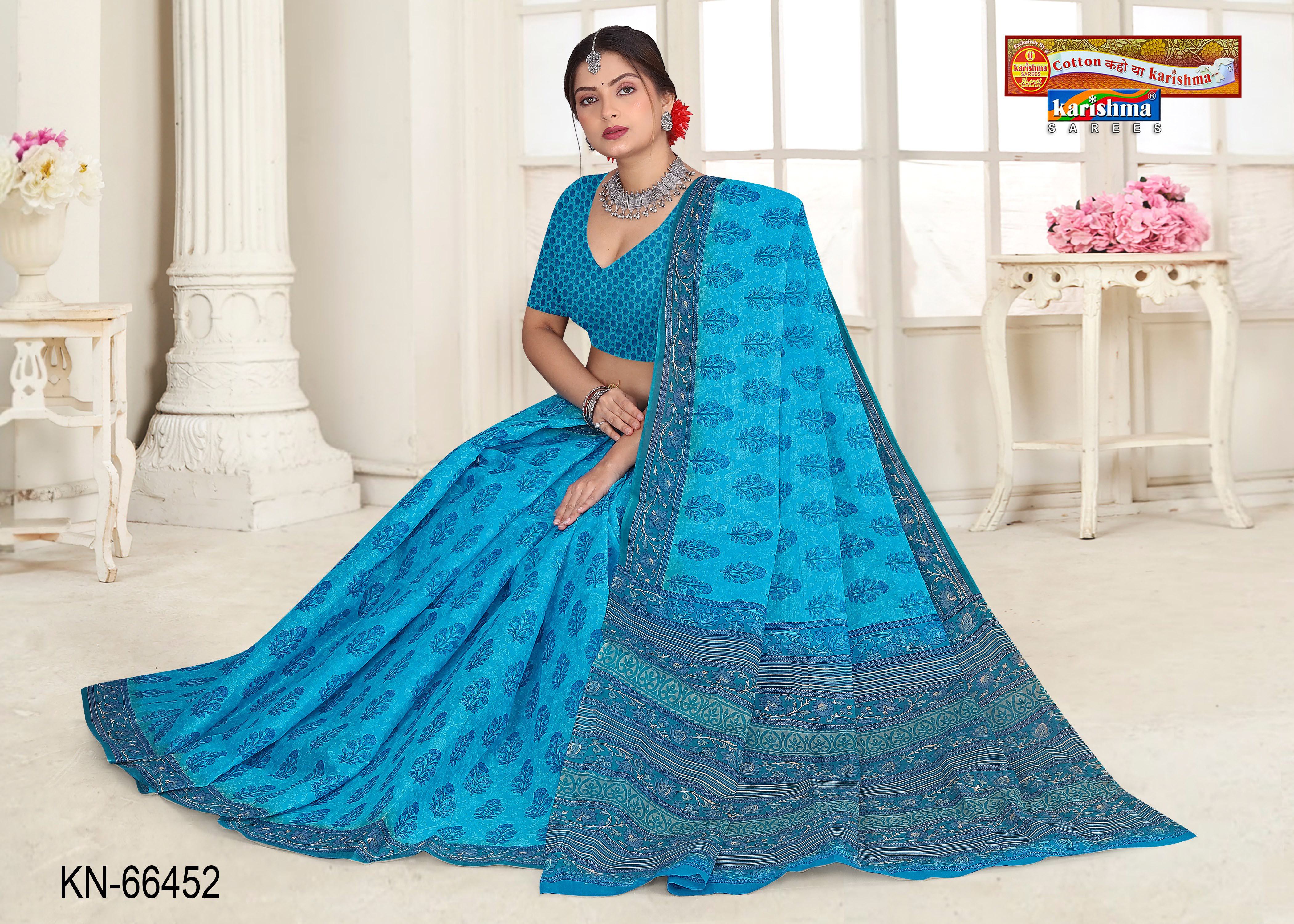 Blue Pure Coton Mulmul (Stiff) Saree With Floral Print Beautiful Border