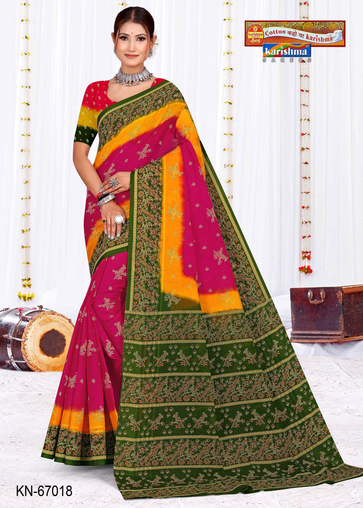 Pink And Green Shobha Shringar With Floral And Golden Print Border Malai Saree