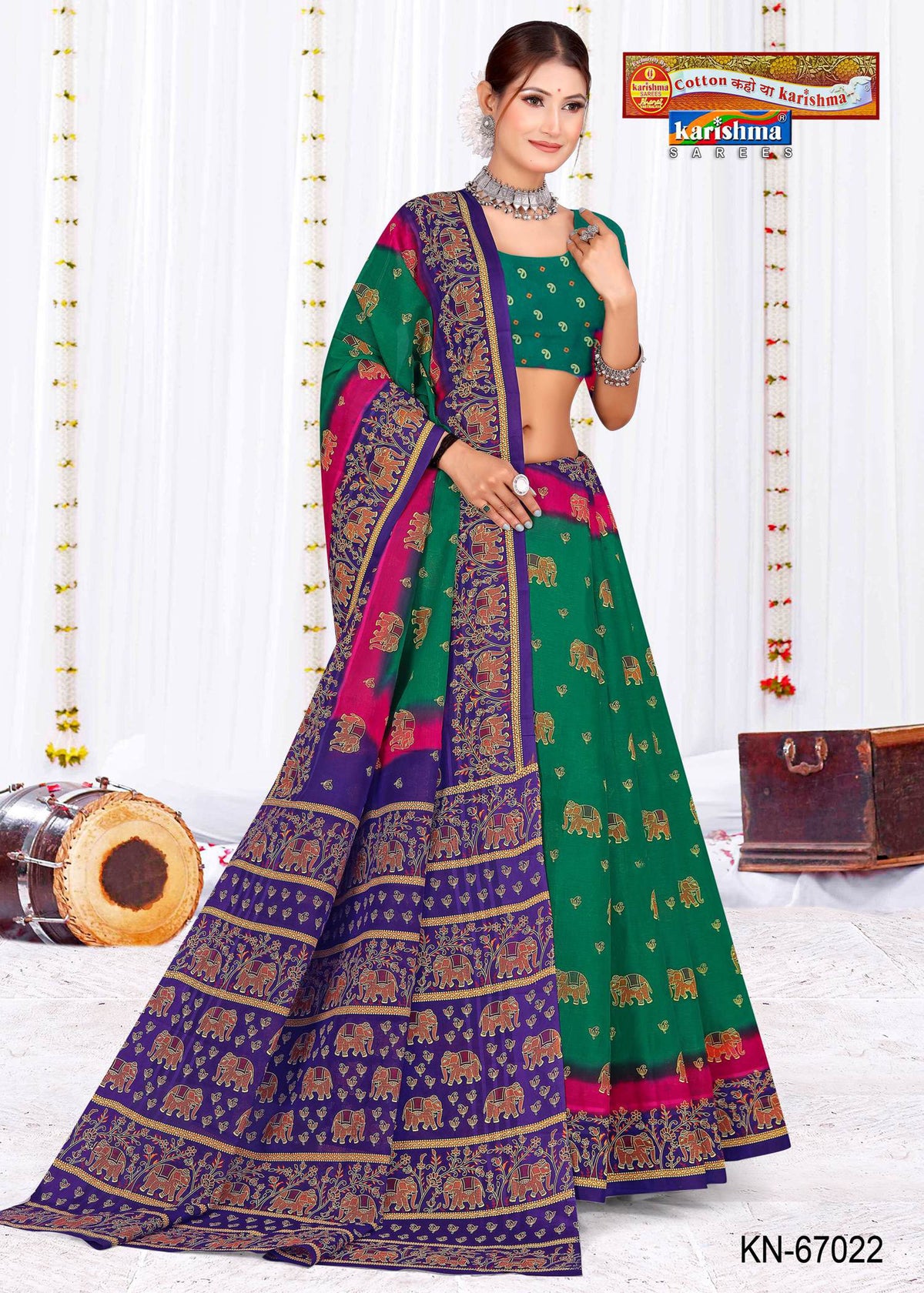 Navy Blue And Green Shobha Shringar With Floral And Golden Print Border Malai Saree