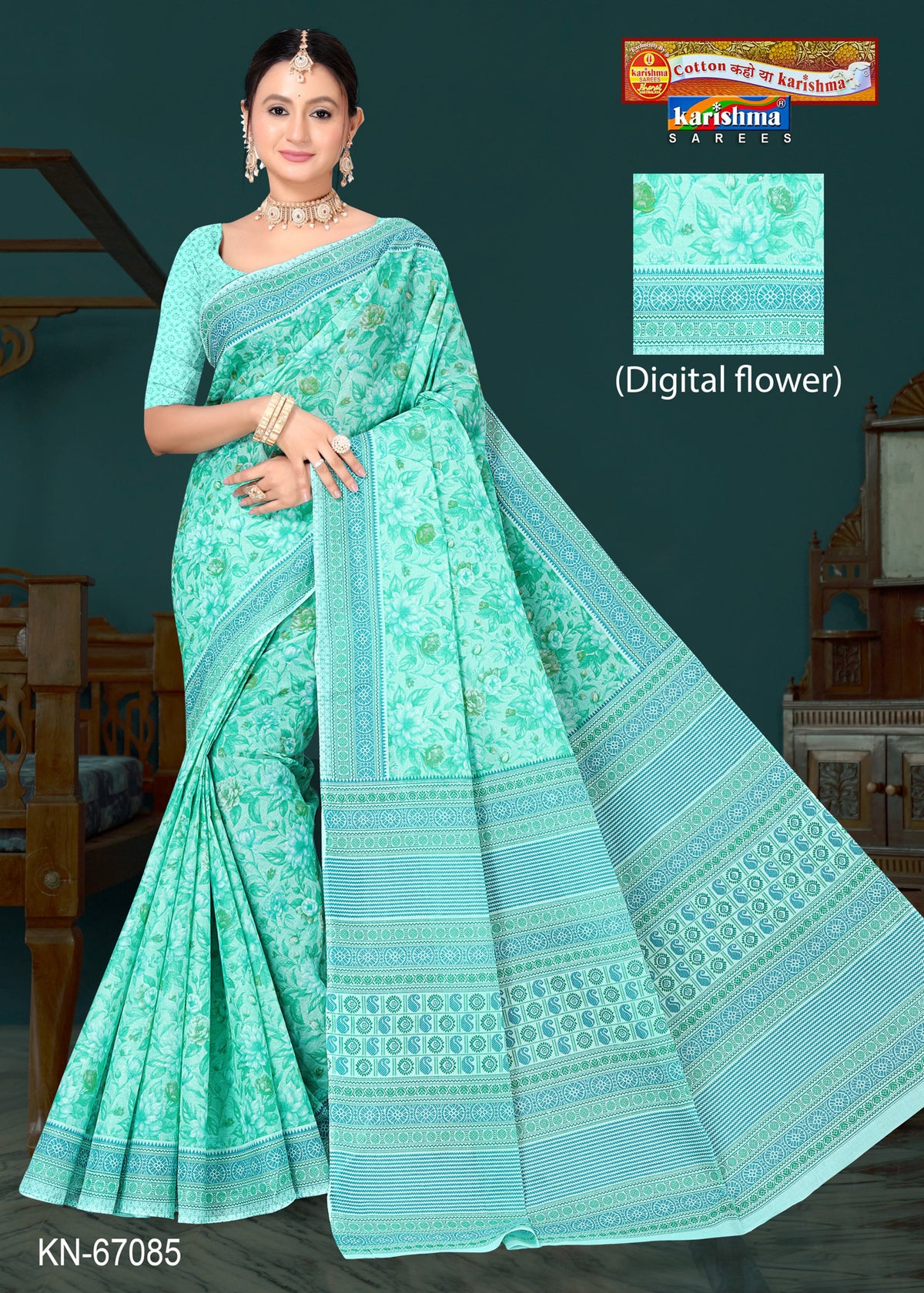 Sea Green Pure Cotton Mulmul (Soft) Saree With Digital Flower Print