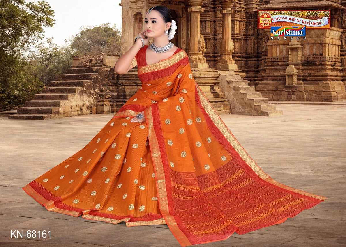 Orange Small Butti Golden Border Mulmul (Medium Soft) Saree