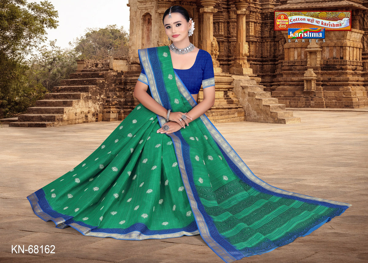 Green Small Butti Golden Border Mulmul (Medium Soft) Saree
