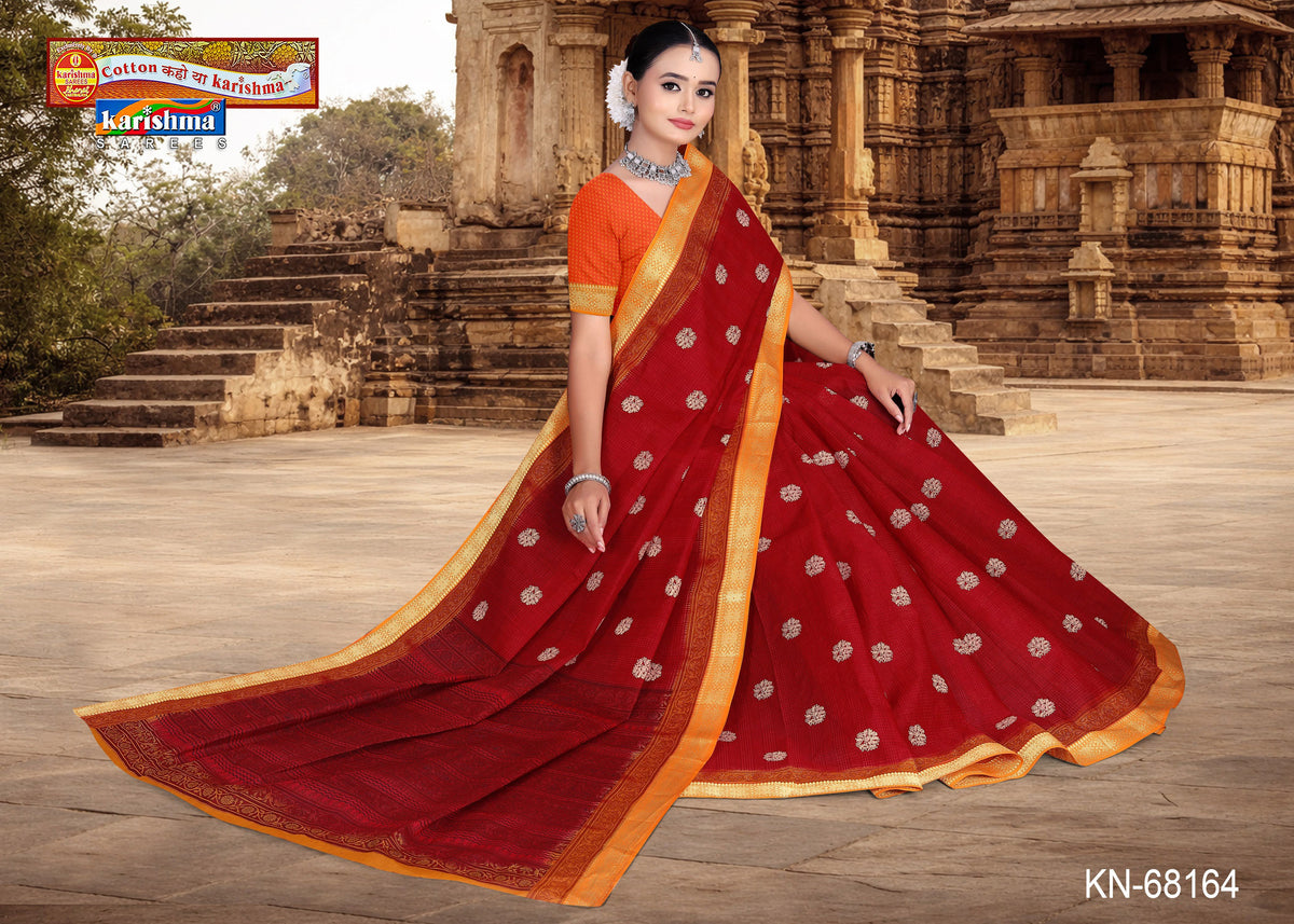 Maroon Small Butti Golden Border Mulmul (Medium Soft) Saree