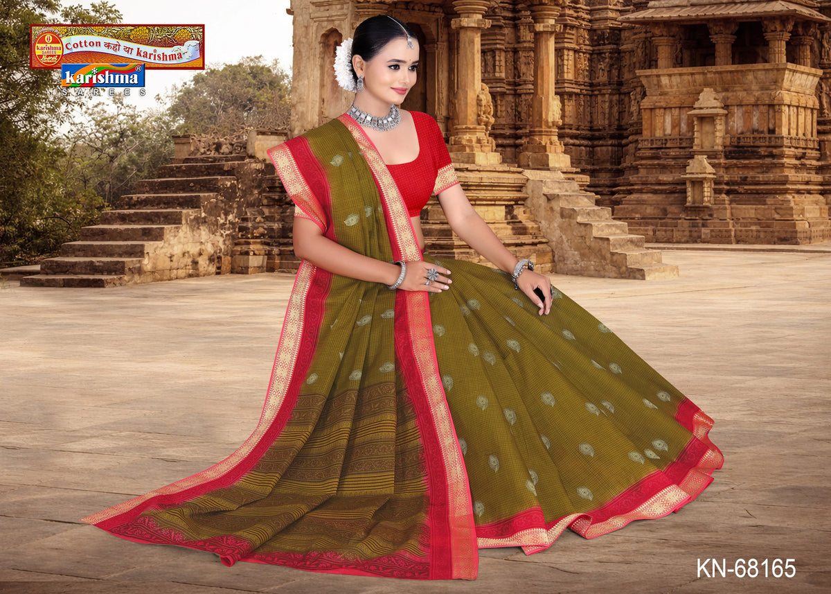 Olive Small Butti Golden Border Mulmul (Medium Soft) Saree