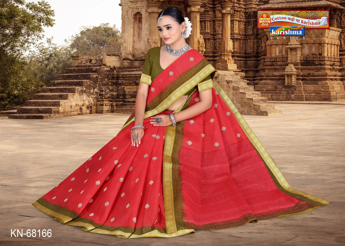 Peach Small Butti Golden Border Mulmul (Medium Soft) Saree