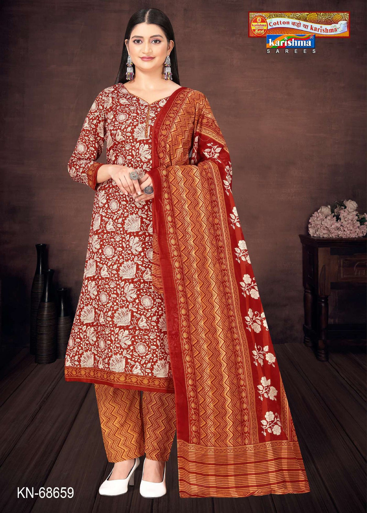 Orange Traditional Hand Block Design Printed Pure Mulmul Cotton Unstitched Dress Material Set (Free Size)