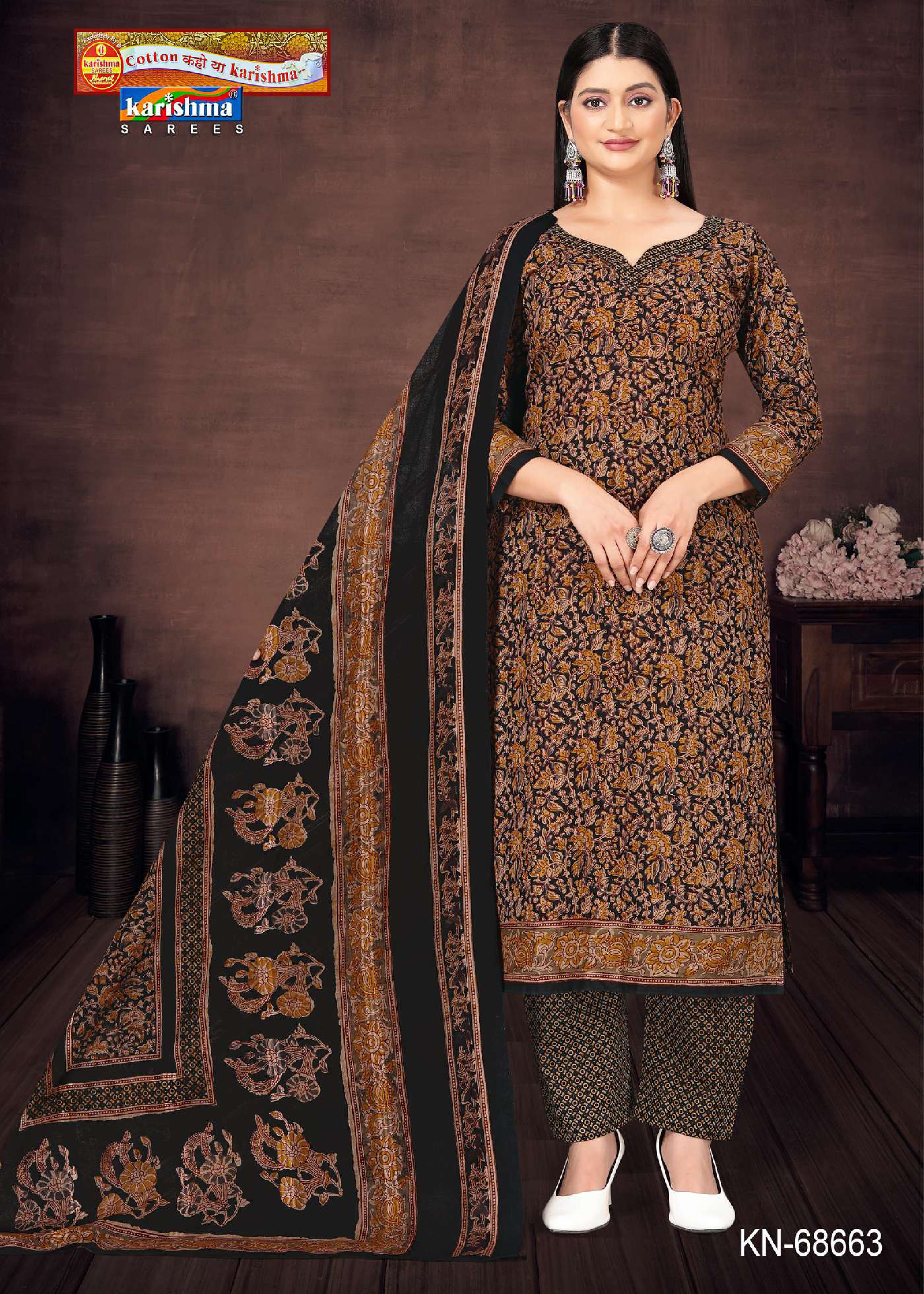 Black Traditional Hand Block Design Printed Pure Mulmul Cotton Unstitched Dress Material Set (Free Size)