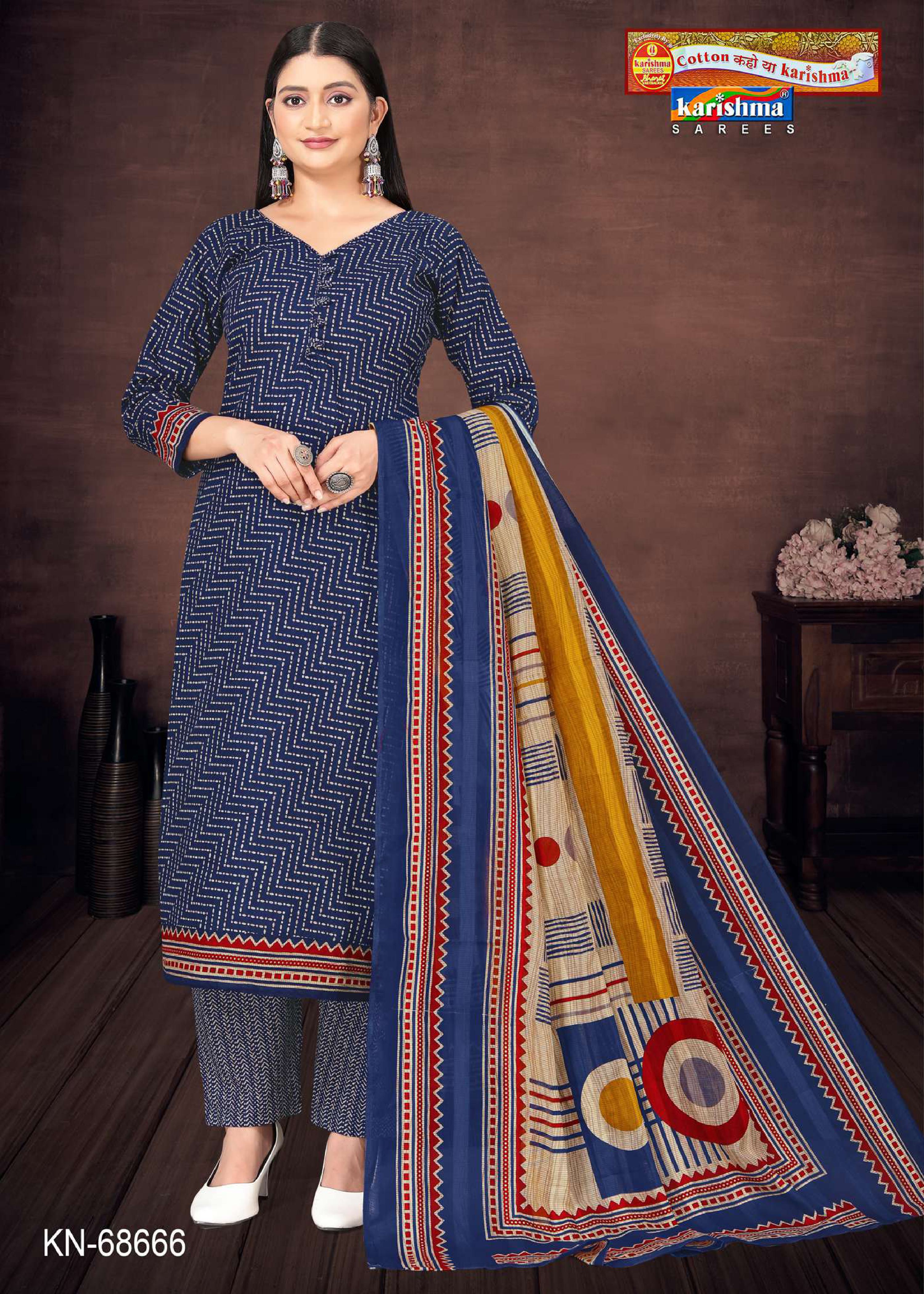 Blue Traditional Hand Block Design Printed Pure Mulmul Cotton Unstitched Dress Material Set (Free Size)