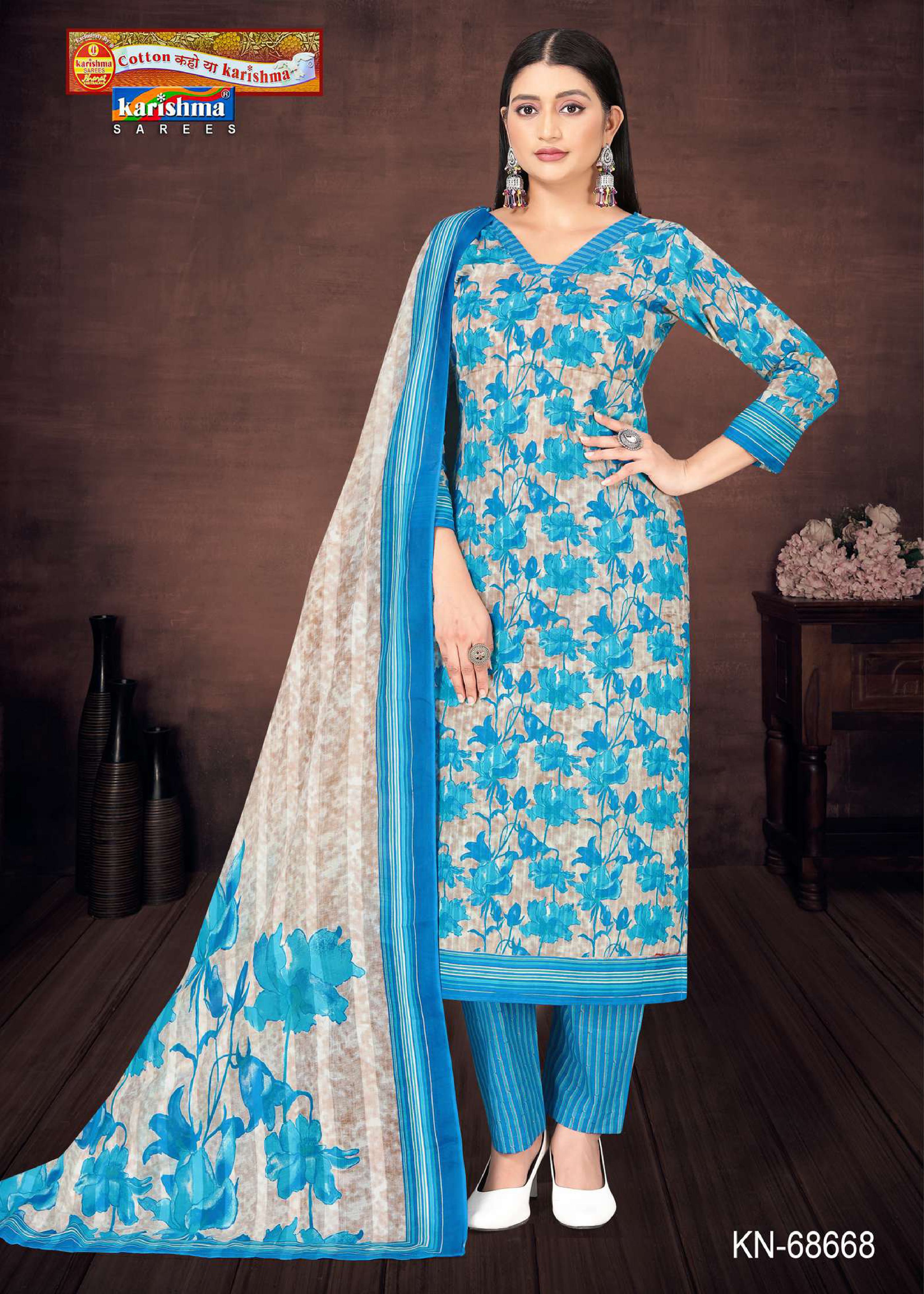 Blue Traditional Hand Block Design Printed Pure Mulmul Cotton Unstitched Dress Material Set (Free Size)