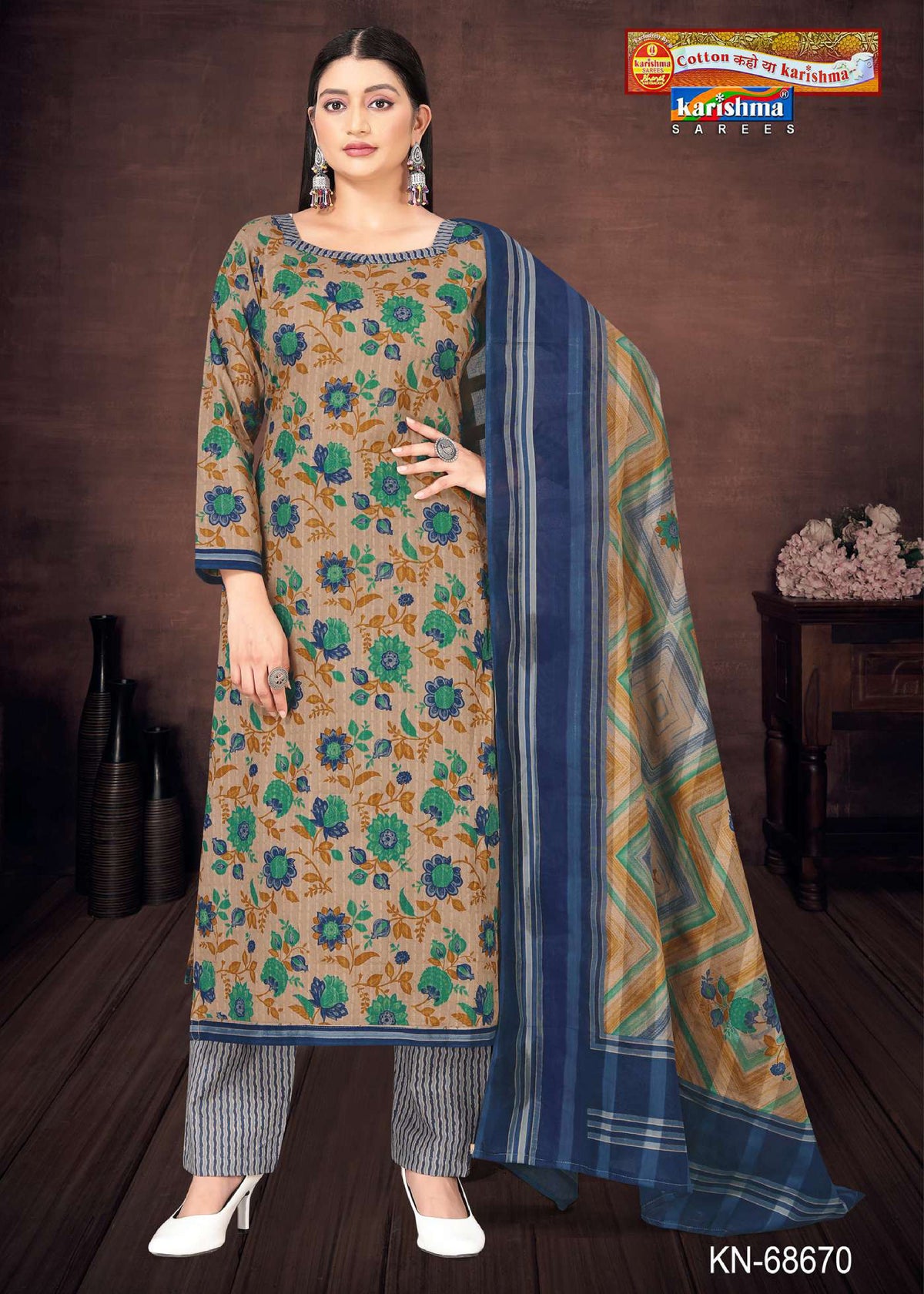 Blue Traditional Hand Block Design Printed Pure Mulmul Cotton Unstitched Dress Material Set (Free Size)