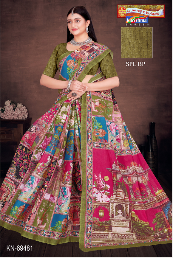 Olive Pure Cotton Malai (Soft) Saree With Modern design