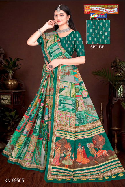 Teal Green Pure Cotton Malai (Soft) Saree With Modern design