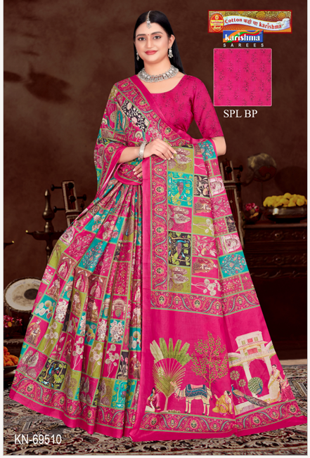 Pink Pure Cotton Malai (Soft) Saree With Modern design