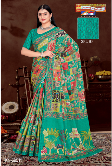 Teal Green Pure Cotton Malai (Soft) Saree With Modern design