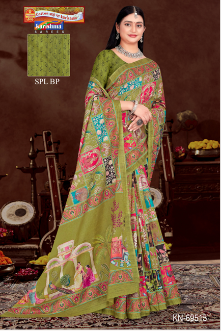 Olive Pure Cotton Malai (Soft) Saree With Modern design