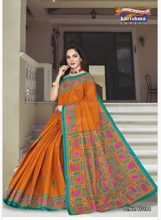 Orange Shalimar Pasiely Print Mulmul Saree